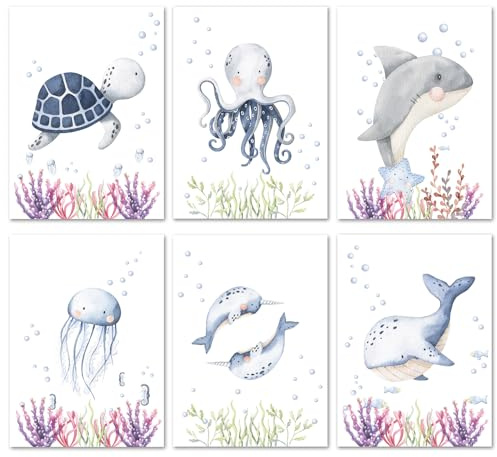 Calmondo 6 Kinderbilder Poster mit Meerestieren Qualle Schildkröte Wal Bilder für Kinder Wand-Dekoration für Kinderzimmer Geschenk für Mädchen Jungen | A4 ohne Bilderrahmen | Mit Kinder-Mappe