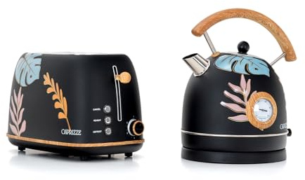 Pack Tostadora de Pan Caprizze Kaito con Doble Ranura Extra Ancha y Hervidora Nara Color Negro Mate Floral Diseño Retro Vintage