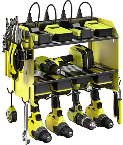 CCCEI Modular Power Tool Organizer Wall Mount with Charging Station. Garage Drill Storage Shelf with Hooks, Heavy Duty Rack, Tool Battery Holder Built in 8 Outlet. Gift for Men. Green, 1 Pack.