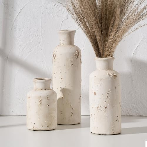 SIDUCAL Rustikale Keramikvase, Bauernhaus-Vasen, 3er-Set, weiß gekalkte Terrakotta-Vasen, Töpfervasen, Ton, dekorative Vasen für Heimdekoration, Wohnzimmer, Regal, Kamindekoration (Rustic White) | Weißgetünchte Terrakotta-Vase, Ton, dekorative Vasen für Heimdekoration, Wohnzimmer, Regal, Kamindekoration (Rustic White)