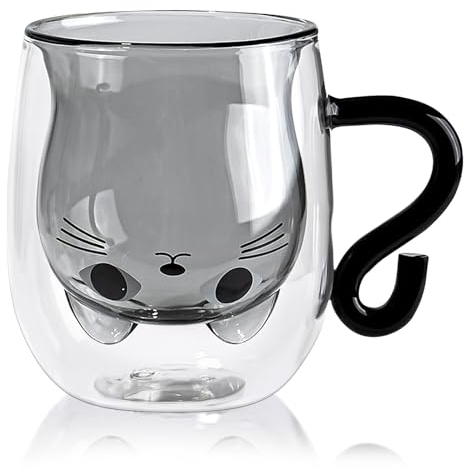 JJQHYC Katzen Tasse 280ml Süße Doppelwandige Glas Kaffeetasse mit Katzendesign, Geschenk für Frauen, Geburtstag, Weihnachten - BPA-frei, Spülmaschinenfest