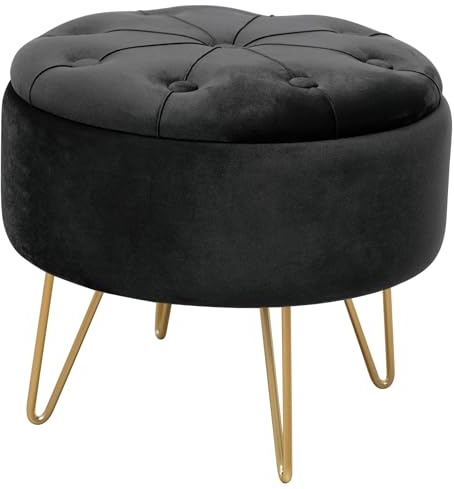 AKORD Sitzhocker Caro gesteppter Velours mit Ablage 38 cm | | Pouffe | Fußhocker | Ablage für kleine Gegenstände | Velours Gepolstert | Gesteppter Pouf | B38 x H33 x T | 4,60 kg | Schwarz/Schwarz
