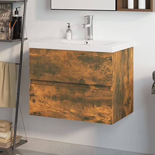 Iiaky Meuble lavabo avec Bassin intégré Chêne fumé Bois d'ingénierie,Vasque À Poser Salle De Bain,Lavabo Salle De Bain