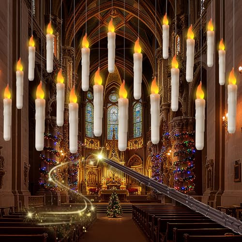 FTJKGH Floating Candles with Wand, 20pcs Hanging Candles Led Candles Flickering Battery Powered Candle Floating Candle, Xmas Christmas Tree Decorations Outdoor Indoor Ceiling Hanging Decorations