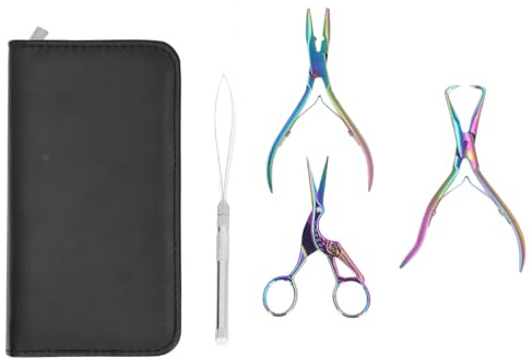 Sunicon Hair Extension Beading Tool Kit, 4Pcs Stainless steel Hair Extension Tools with Pliers Wire Loop Beading Hook Needle Small Scissors Storage Bag (Colorful)