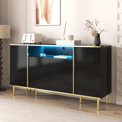 RanRan Sideboard,Hochglänzendes Schubladen kommode mit 2 Schubladen Kommode Schlafzimmer Schubladenschrank, Hochglänzendes schwarzes Sideboard-B150/T40 /H80cm (schwarz)