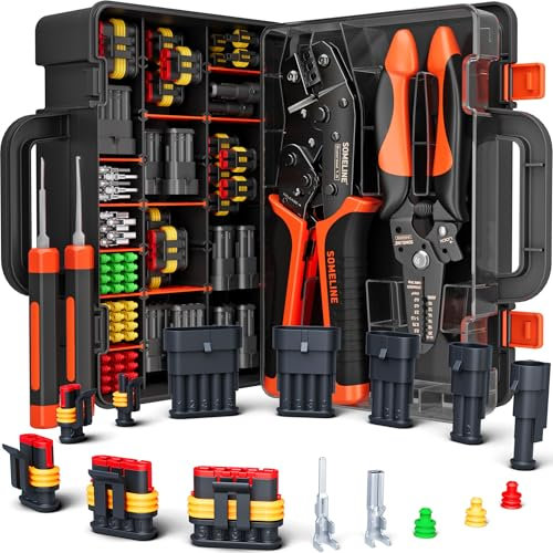 SOMELINE Waterproof Car Electrical Connector Kit, 1–5 Pin, 0.34–2.5 mm², with Ratchet Crimping Tool, Wire Stripper and Terminal Removal Tool – for Automotive, Marine and Motorcycle Wiring