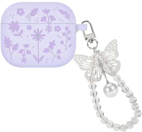 DiyGody Niedlich Tasche Kompatibel mit Airpods 3rd Generation 2021, Weiches Silikon Hülle mit Blumen Gravurmuster für Frauen, Stoßfeste Anti-Rutsch Anti-Staub Schutzhülle mit Schlüsselanhänger, Lila