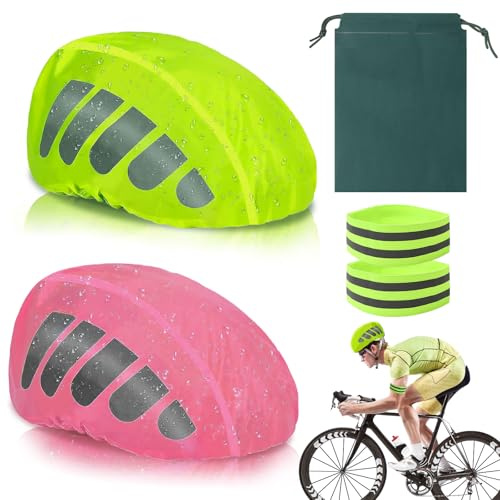 CYZBL 2X Fahrradhelm Regenschutz Wasserdicht Reflektierend mit 2X Armbänder | Gut Sichtbarer Helmüberzug, Regenkappe Helmüberzug mit Reflektierendem Streifen Beutel für Nachtfahrt