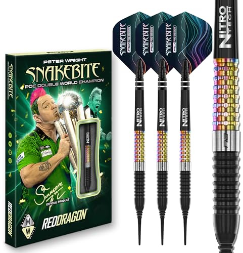 RED DRAGON Darts – Professioneller Spieler – Peter Wright Snakebite Corra Series - 90% Wolfram Professional Dart-Set mit Dart Flüge und Dartschäfte - Erhältlich in 18g, 22g, 23g & 24g