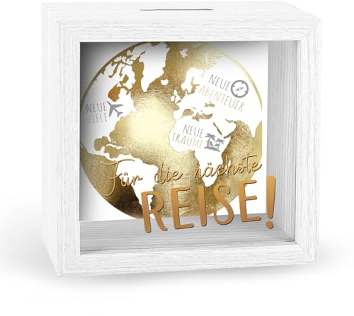 KE - Spardose Weltkugel mit Folienprügung - Dekorative Sparbüchse für Reisen und Abenteuer - Geldgeschenk für Weltenbummler - Originelle Spardose mit Weltkarte - Geschenkidee für Reiselustige