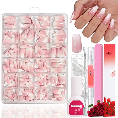 Falsche Nägel Tips Set - 360 Stück Französisch Falsche Nägel Zum Aufkleben - Weiß Rosa Gradient Design Künstliche Nägel Ballerina Nail Art Manicure Fake Nails für Frauen (Gradient Baby Pink)