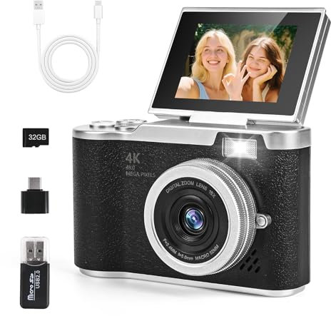 Cámara Digital HD 4K, Cámara de Fotos con Tarjeta SD de 32 GB, HD 1080P Cámara Compacta con Pantalla abatible de 2.4 Pulgadas y 180°, cámara de Zoom Digital de 8X para niños, Adolescentes (Negro)