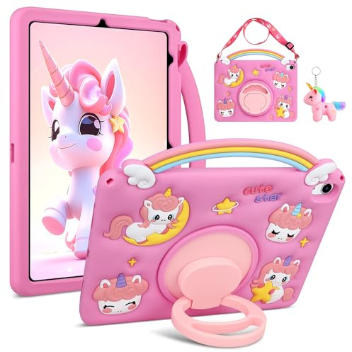 Aolcev for iPad A16 11th Generation Case 11 inch 2025, iPad 10th Generation Case 10.9 2022 Kids Girls with Shoulder Strap 360°Rotating Stand Unicorn Keyring Soft Silicone Protective Cover-Rose Pink