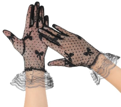 COMNICO Ladies Short Lace Gloves Elegant Mesh Cutout Fishnet Sleeves 1920s Halloween Cosplay Gloves Floral Hand Accessories Bride Wedding Dinner Dress Evening Costume for Women Tea Party Opera (Black)