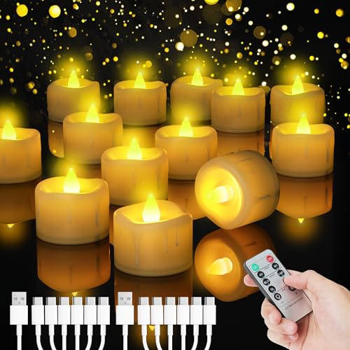 Buudala LED Teelichter mit Timerfunktion, 12 Stück Dimmbar Kerzen mit 6-in-1 USB-C Ladekabel und Fernbedienung, Elektrische Aufladbar Candles für Halloween Weihnachten Party Deko