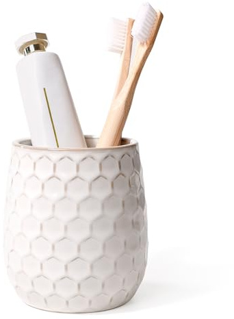 ANTIS'S HOME Ceramic Toothbrush Holder Cup, 400ml White Honeycomb Bathroom Tumbler – Modern Reusable Toothbrush Cup for Toothpaste, Makeup Brushes & Countertop Organisation, 3.62 × 3.93