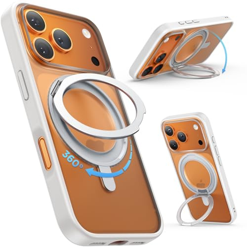 SURPHY för iPhone 17 Pro Max Magnetiskt Fodral 6,9 med 360° stativ, tunt stöttåligt mobilfodral iPhone 17 Pro Max-fodral med förhöjd kantskydd, Stativ Vit