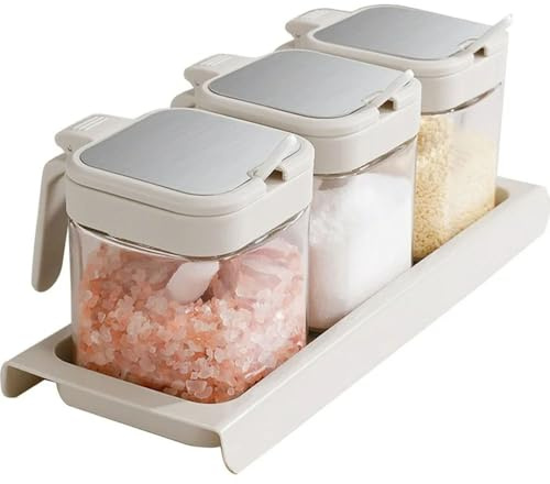 Taylor & Brown Set of 3 Heat-resistant Glass Seasoning Jar, Flip Lid Seasoning Box with Complimentary Spoon Seasoning Box for Spices, Seasoning, Seeds, Grains, Sugar and Salt.