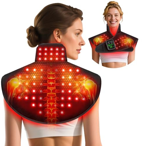 RELEXNOW Thérapie de lumière rouge pour massage des épaules et du cou avec chaleur, batterie 5000 mAh, sans fil, coussin de thérapie de lumière rouge infrarouge pour le corps, coussin chauffant