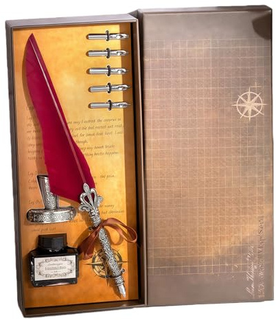 ZwaitL Antiker Füllfederhalter, Retro-Gravur, Feder-Dip, Geschenk-Set mit 5 austauschbaren Spitzen und Tintenfass für Anfänger, dekoratives Federgeschenk