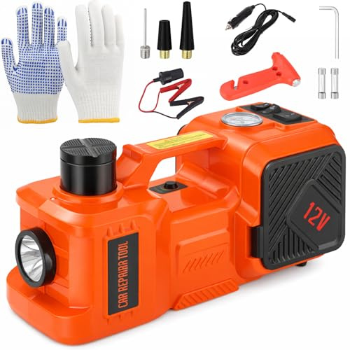 Elektrischer Hydraulischer Wagenheber 5T, Auto-Hebebühne mit 12-42cm Hubbereich, Luftpumpe und LED-Licht, 12V 180W Elektrowagenheber für Pkw, SUV, MPV, LKW, Reifenwechsel und Werkstattreparatur