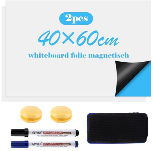 LDXDRU 2er Magnetisch Whiteboard Folie 40 x 60cm Magnetfolie Selbstklebend Stark Abwischbare Magnet Magnettafel für glatten Oberflächen in Schule Büro Haus, mit staublose Kreide, Magneten Radierer