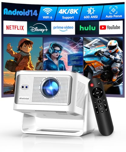 Smart projektor med stöd för 4K och 8K, Android 14 miniprojektor med Wi-Fi och Bluetooth, 600 ANSI, autofokus och keystone-korrigering, bärbar 1080p-filmprojektor, HY350Max för hemma- och utomhusbruk