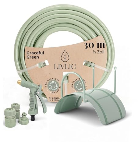 LIVLIG Trädgårdsslang 1/2 tum 30 m set – 1/2 tum vattenslang inkl. väggfäste och plastsprutpistol (steglöst reglerbar) & kopplingar, bevattningsset 30 m, grön