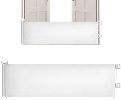 Rejilla retráctil para perros para puerta de casa, valla de seguridad de 45 x 150 cm con borde protector, barrera de puerta extensible para perros y gatos – para cachorros de niños interior y exterior