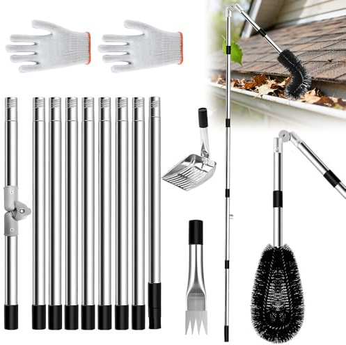 HOVCEH Gutter Cleaning Tools, 4M/13FT Telescopic Gutter Cleaner kit, Length and Curvature Adjustable Gutter Cleaning Pole with 180° Swivel Head, Gutter Scoop, Brushe for for Removes Leaf Debris