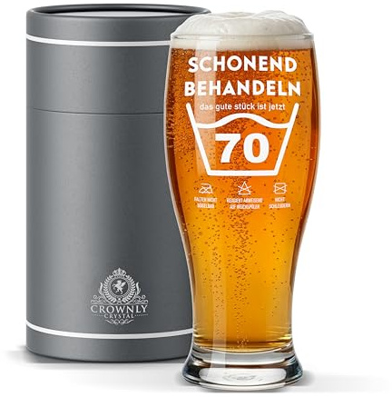 CROWNLY CRYSTAL Bierglas SCHONEND BEHANDELN 70 Lustiges Geburtstagsgeschenk für Männer zum 70. Geburtstag Bruder Onkel Papa Opa