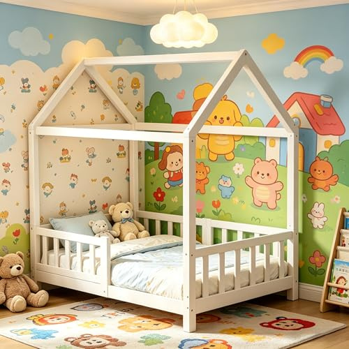 ZIKEBTUY Bodenbett 70x140 cm Montessori Kinderbett mit Rausfallschutz & Lattenrost Kiefer Massivholz bis 100 kg belastbar für Jungen Mädchen Kinder Bett