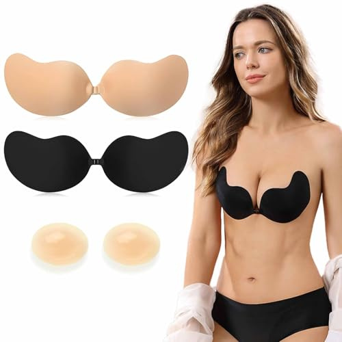 Reggiseno Invisibile 2 Pezzi con 1 Paia Copricapezzoli, Reggiseno Adesivo Push Up, Riutilizzabile Reggiseno Senza Spalline Coppe Adesive (IT, Taglia della coppa & Taglia della fascia, D, Nero+Beige)