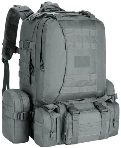 Wiserset taktisk ryggsäck, 60 l militär arméryggsäck, stor överlevnad molle dagryggsäck för män och kvinnor, avtagbar utomhusväska, GRÅ, 60L, Vardagsryggsäckar