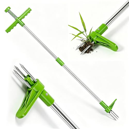 AONAT Arrancador de Malas Hierbas Longitud 100 cm, removedor de Malas Hierbas de pie con 3 Dientes de Acero y Pedal de Acero Inoxidable, Herramienta de jardín eficiente para Eliminar malass hierbass