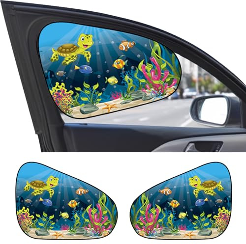 FOSDICK 2 Piezas Parasol Coche Bebe, Parasol Ventanas Traseras Coche Protección UV, Dibujos Animados Para Sol Coches Bebe de Tortuga Marina, Película Electrostática Parasoles Infantiles Coches 47x36CM
