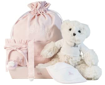 Geschenkset zur Geburt. Geschenkkorb für Neugeborene: 1 personalisierbarer Schnuller, Teddybär, Kindergartentasche, Lätzchen und Schnullerclip. Größe von 3 bis 6 Monaten. Rosa | BebeDeParis