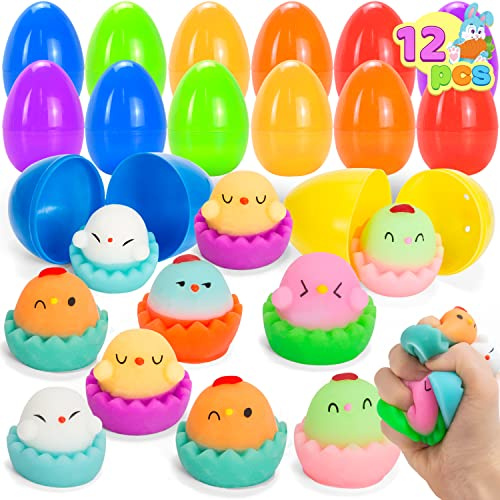 JOYIN Set med 12 förfyllda påskägg med leksaker chick stress relief, squishies, söt mocka kyckling för påskfest, påskäggsjakt, påskkorg