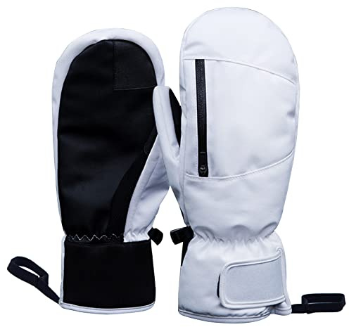 Bseical Ski Mittens Women Waterproof, Golf Mitts Men, Gloves Ladies, Thermal Touch Screen, Cotton Winter Touchscreen Unisex With Zip Pocket Sport Cycling Mtb Running Extra Warm (L, White)