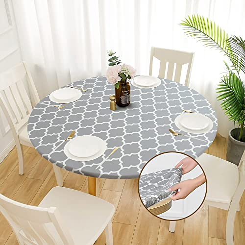 TWUTGAYW Nappe Ajustée en Vinyle, Nappe Ronde Imperméable Bord Élastique, Couverture de Table en PVC et Flanelle pour Cuisine Dîner Fête Restaurant Jardin(115-145cm, Gris)