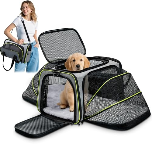 ALLSOPETS Erweiterbare Transporttasche für Katzen und kleine Hunde, Faltbare Weiche Haustiertasche mit 2 Seiten-Erweiterungen, Herausnehmbarem Fleece-Kissen und Taschen (Grau & Grün)