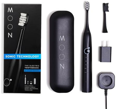 MOON Sonic Electric Toothbrush for Adults & Teens, Black, 5 Smart Modes, Clean, White, Massage, Polish & Sensitive, Rechargeable with Travel Case & 2 Brush Heads, Industry-Leading 6 Week Charge
