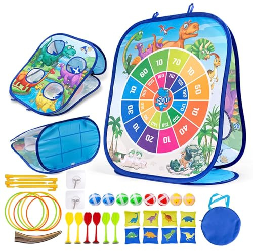 5-in-1 Portable Bean Bag Toss Games - Dinosaur Toys for Boys And Girls, Kids Dart Board Set，Outdoor Carnival Games, Foldable Cornhole Board Game Yard Beach Toys for Kid Ages 3-8