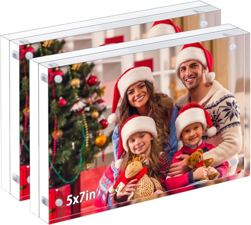 PITBVO Acrylic Picture Frame, 2pack 5x7 Inch Clear Photo Double-Sided Frames, Magnetic 12+12MM Thickness Picture Frame Clear Photo Frame Stand, Double-Sided Acrylic Frame Stand
