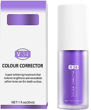 dientes púrpura para blanquear los dientes, espuma blanqueadora dientes morada, eliminación manchas dientes, dientes morada, corrección color, productos para blanquear