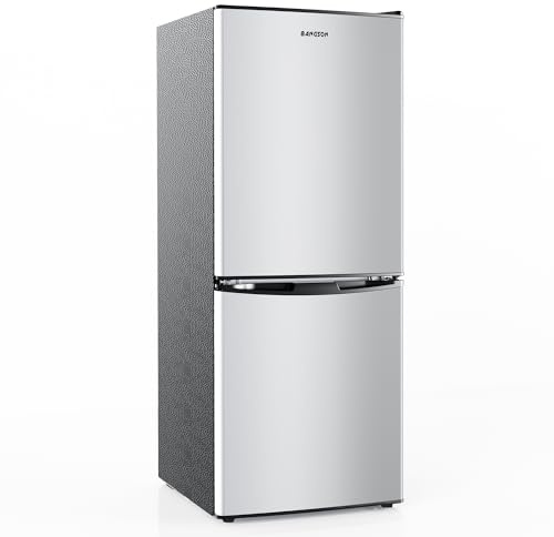 BANGSON 4.0 Cu.Ft Small Refrigerator with Freezer, Small Fridge with Bottom Freezer, for Apartment, Bedroom, Dorm, and Office, Double Door, Stainless Steel, Silver