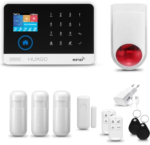 HUXGO® HXA003 Sistema di allarme casa senza fili con radio Sirena esterna solare WiFi + GSM 4G | Impianto allarme casa kit con 1x sensori di allarme per finestre/portes, 3x rilevatori di movimento