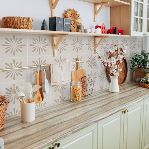 Alwayspon Tile Sticker, 50PcsX15cm/6inch Beige Self Adhesive Stick on Tiles Transfer Sticker for Bathroom Kitchen, Backsplash for Cooker, Peel and Stick Adhesive Vinyl Wall Tiles Sticker