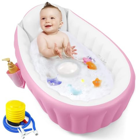 Aufblasbare Baby Badewanne, Säuglings Kinder Badewanne mit Luftpumpe, Reise Tragbare Badewanne für Dusche Kinder, Faltbare rutschfeste Duschwanne Mini Luft Schwimmbad (Rosa)